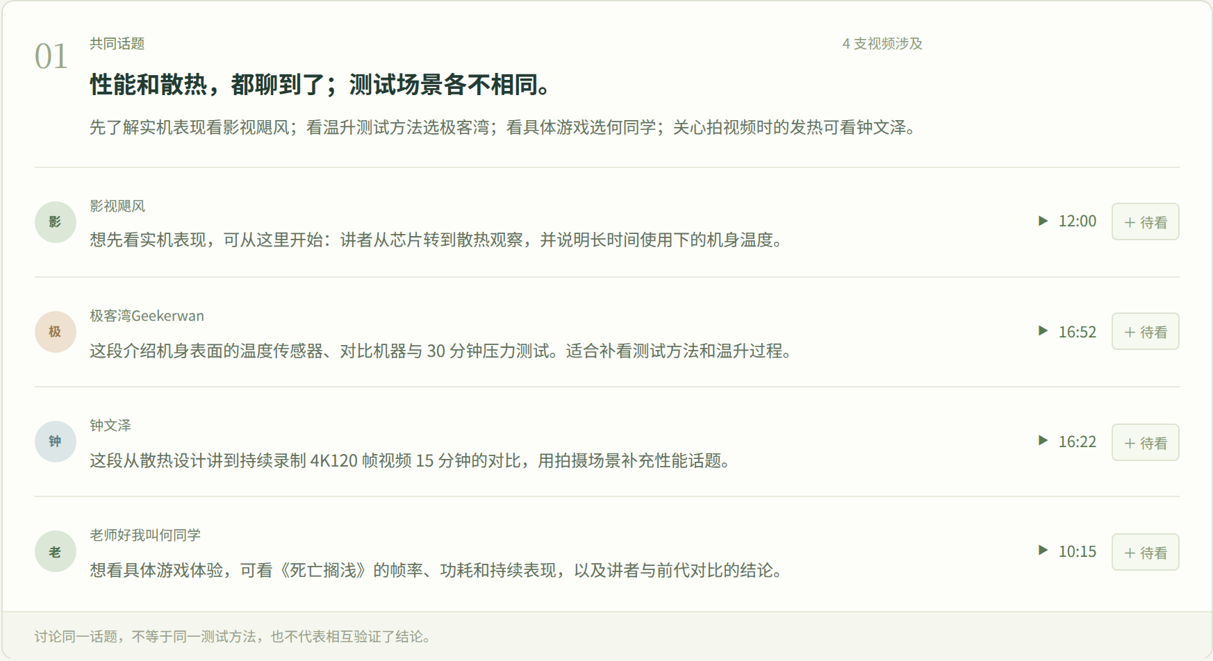 演示页面按作者汇总性能与散热相关片段，列出摘要、起始时间和待看入口